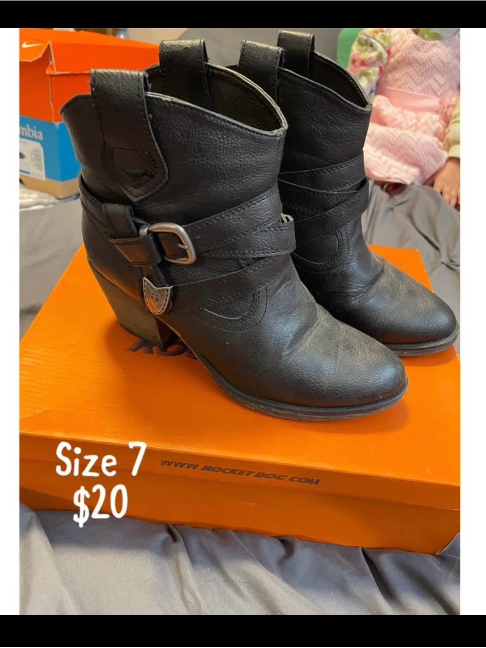 Rocket Dog Black Leather Ankle Booties with Buckle Accent